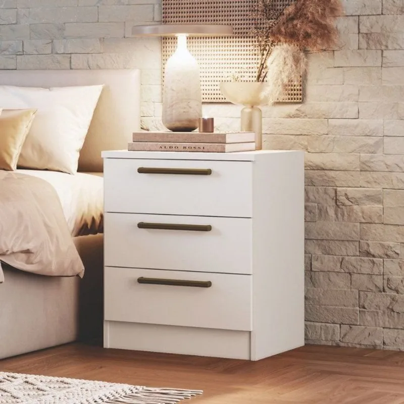 Mesa de Cabeceira Modulada 3 Gavetas Requinte+ 100% MDF Branco Branco Line