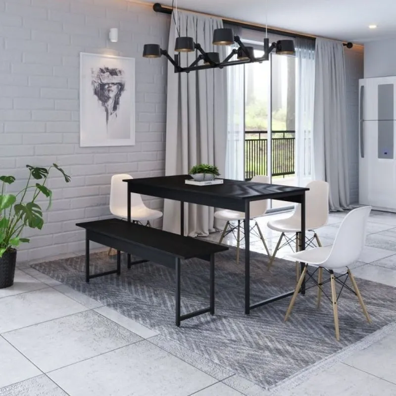 Conjunto Mesa De Jantar 1 Banco Industrial Kit 4 Cadeiras Base Madeira Yescasa Preto