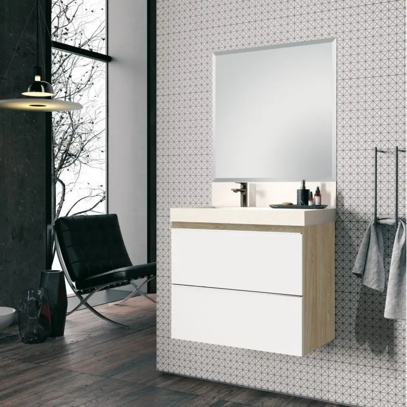 Conjunto Para Banheiro Com Espelho, Gabinete E Lavatório Em Porcelanato Com Cuba Esculpida 80cm Bianco