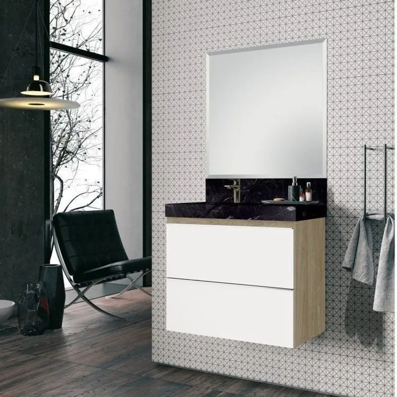 Conjunto Para Banheiro Com Espelho, Gabinete E Lavatório Em Porcelanato Com Cuba Embutida 80cm Yesca Black