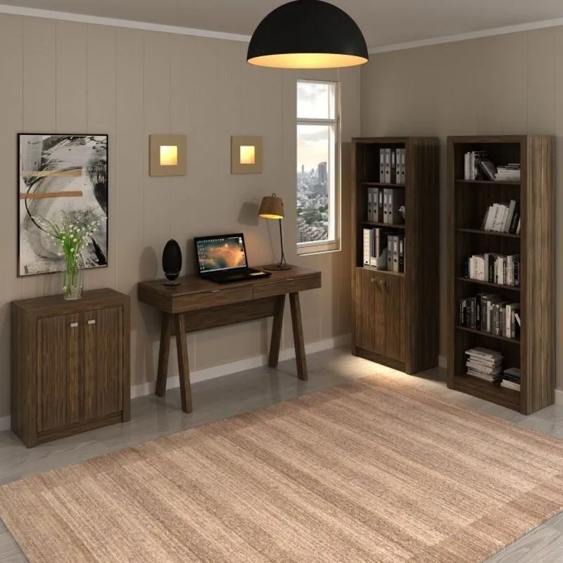 Conjunto 4 Peças Com Escrivaninha, Estante Livreiro, Com 2 Portas E Armário Multiuso Baixo Marrom