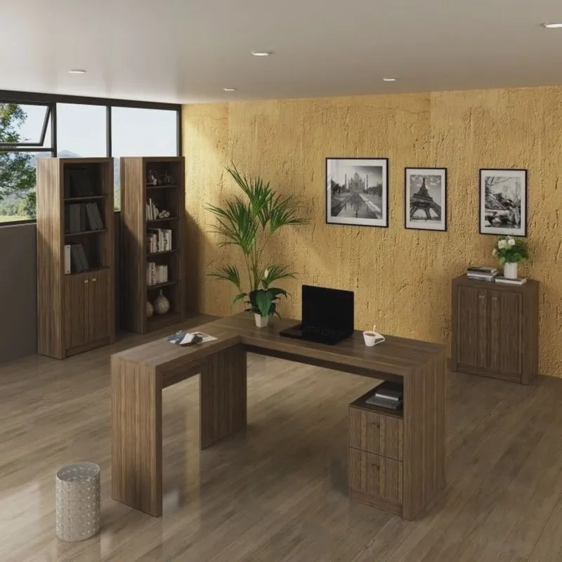 Kit 4 Peças com 1 Mesa para Escritório em l, 2 Estantes e 1 Armário Baixo