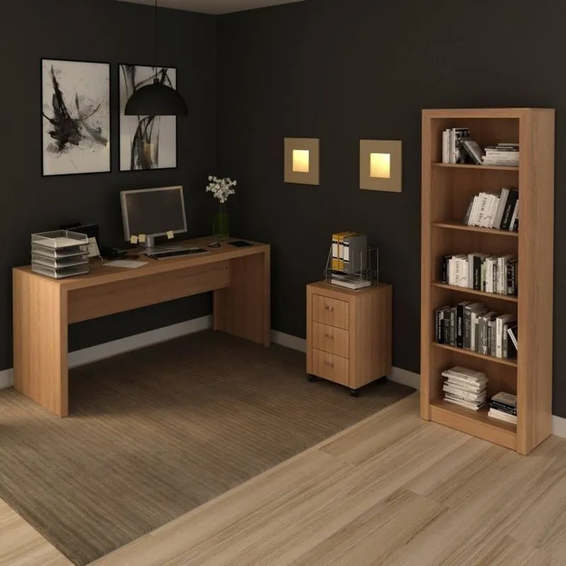 Conjunto 3 Peças Com 1 Mesa Para Escritório 1 Estante 1 Gaveteiro Espresso Móveis Marrom