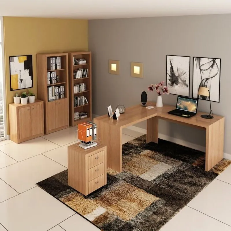Conjunto 5 Peças Com Mesa Em L, Armário Alto, Gaveteiro, Estante E Baixo Espresso Móveis Marrom/amêndoa,branca Amêndoa,branca