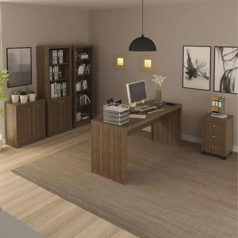 Kit 5 Peças com Mesa para Escritório, Armário Baixo, Armário Alto, Estante e Gaveteiro