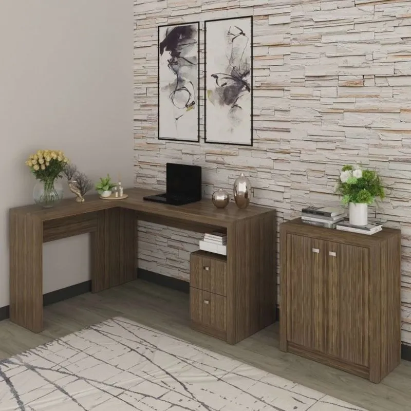 Kit 2 Peças com Mesa para Escritório em L e Armário Multiuso Baixo