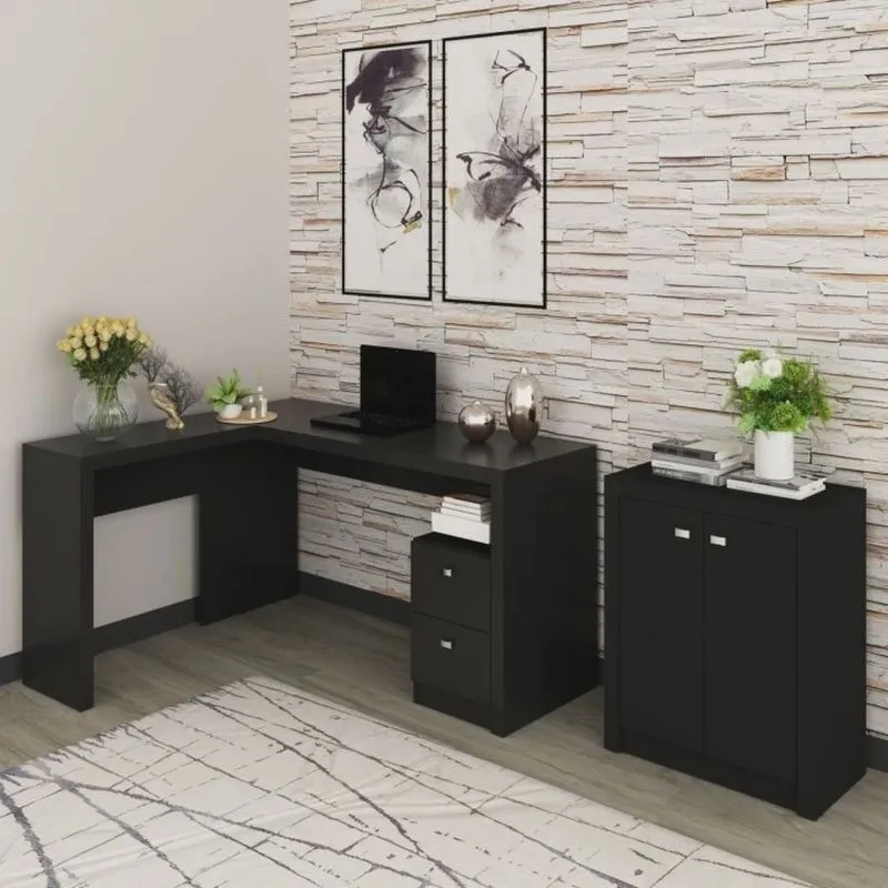 Kit 2 Peças com Mesa para Escritório em L e Armário Multiuso Baixo