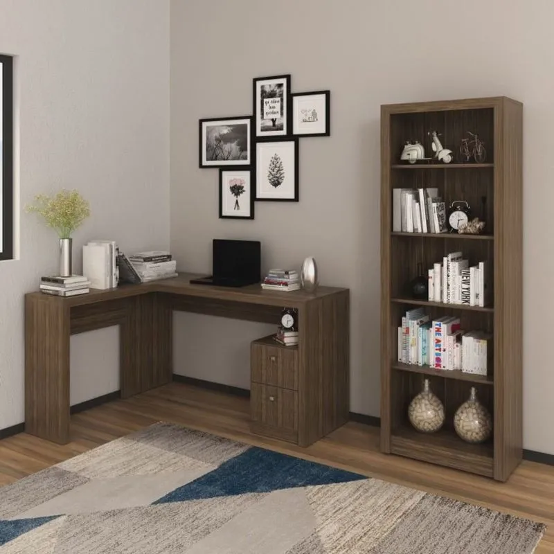 Kit 2 Peças com Mesa para Escritório em L e Estante Livreiro