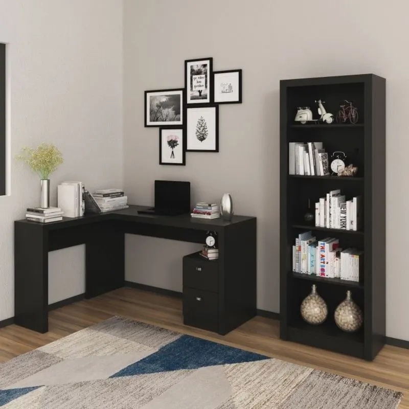 Kit 2 Peças com Mesa para Escritório em L e Estante Livreiro