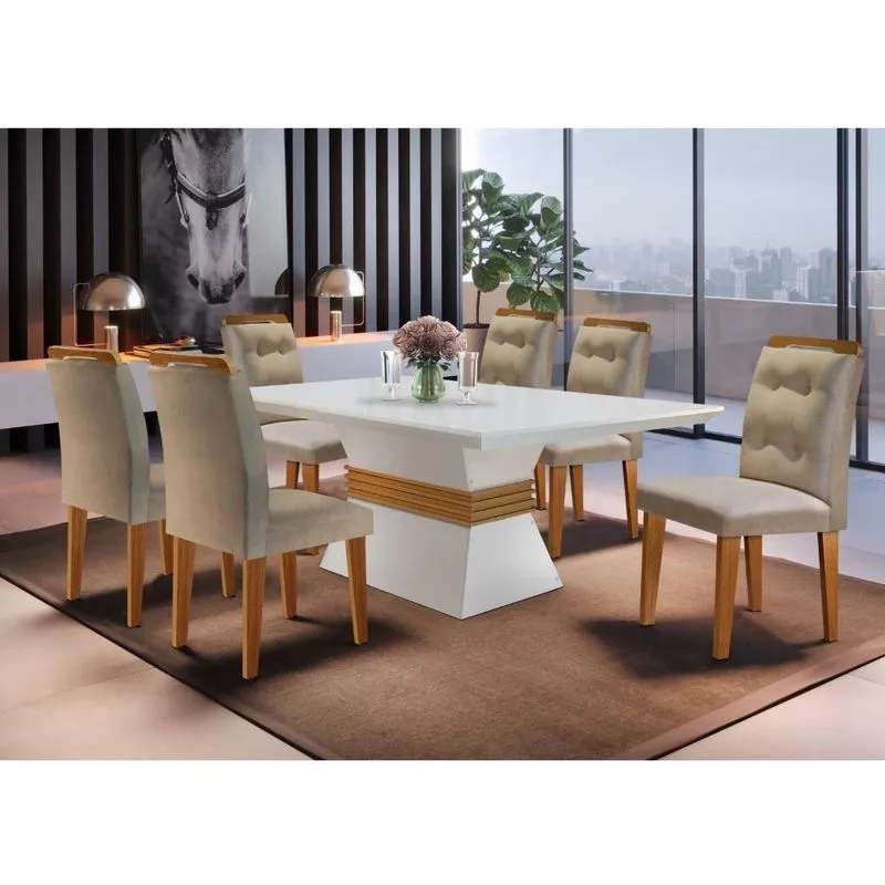 Conjunto Mesa 180cm Canto Reto Clarice e 6 Cadeiras Valentina Rufato Turim 07/Off White/imbuia