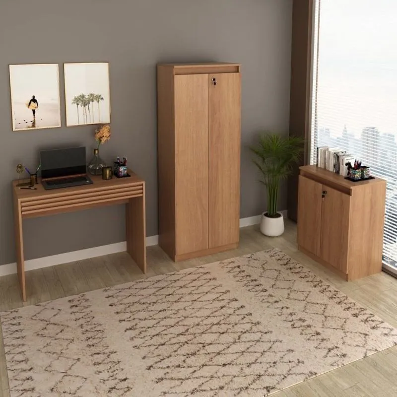 Conjunto 3 Peças 1 Mesa Para Escritório Com Gaveta 1 Armário E 1 Balcão Espresso Móveis Marrom