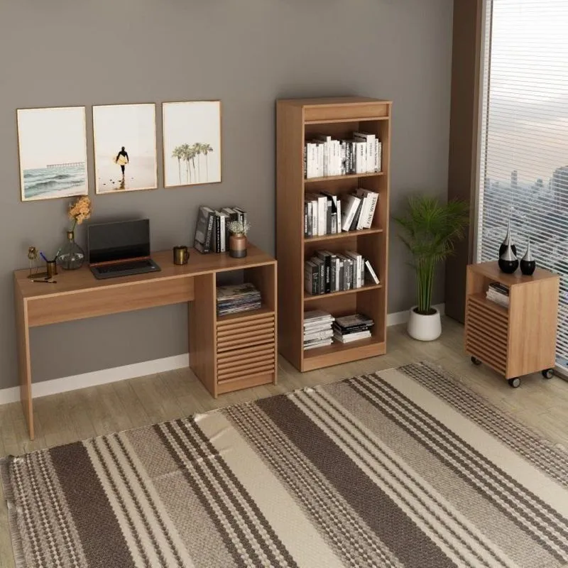 Conjunto 3 Peças 1 Mesa Para Escritório 1 Gaveteiro 1 Estante Espresso Móveis Marrom