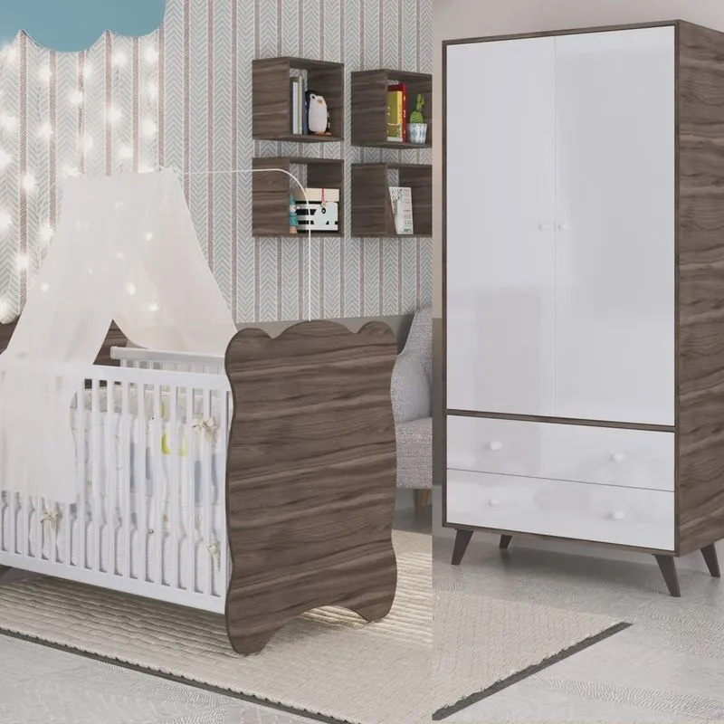 Quarto de Bebê Completo Berço com Guarda roupa 2 Portas 2 Gavetas Pipoca