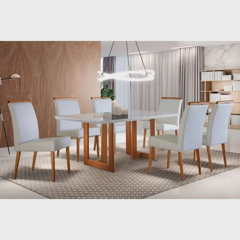 Conjunto Sala de Jantar Mesa 180x90cm Tampo Madeira/Vidro Vitoria com 6 Cadeiras Havana Mobilare