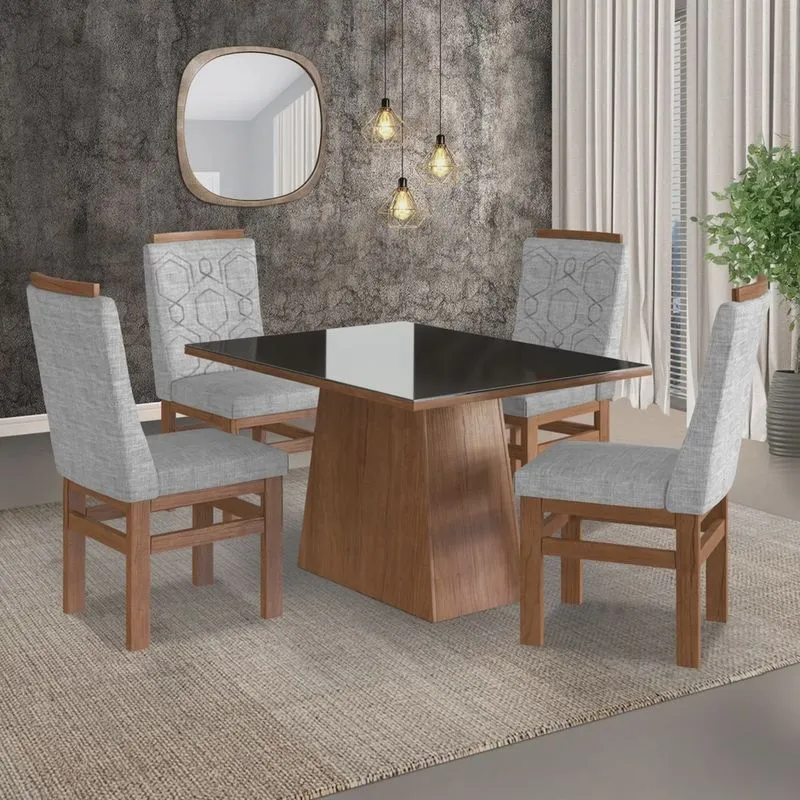 Conjunto Sala de Jantar Mesa 90x120cm Tampo Vidro com 4 Cadeiras Madeira Maciça Tecido Joli