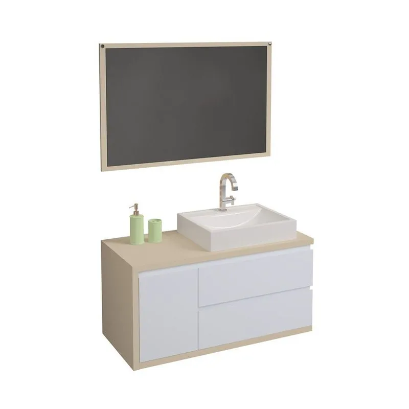 Conjunto Para Banheiro Gabinete Suspenso 100cm 2 Gavetas 1 Porta Com Cuba E Espelheira Paris Berton Nude/branco