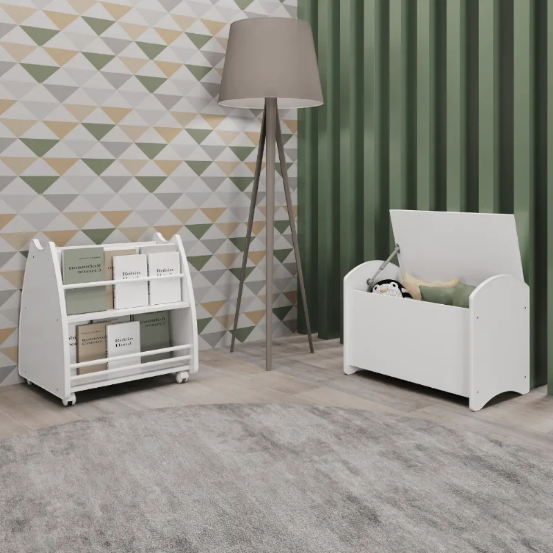Conjunto Infantil 2 Pecas 1 Bau 1 Biblioteca Porta Livros Branco Branco