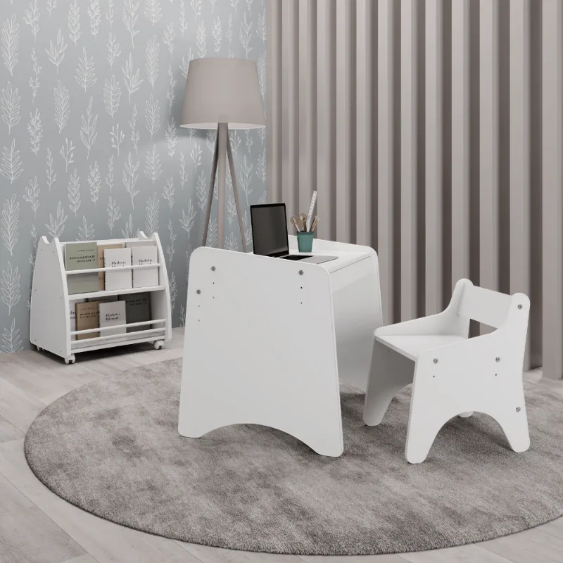 Conjunto Infantil 3 Pecas 1 Mesa 1 Cadeira com Regulagem 1 Biblioteca Porta Livros Branco Branco
