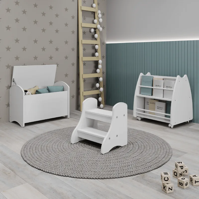 Conjunto Infantil 3 Pecas 1 Bau 1 Escada 1 Biblioteca Porta Livros Branco Branco