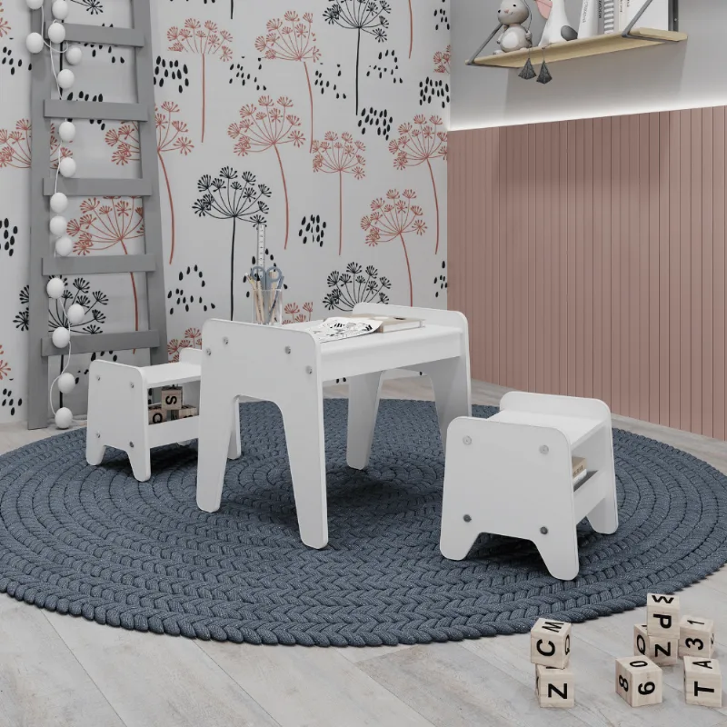 Conjunto Infantil 3 Pecas 1 Mesa com 2 Banquinhos Branco Branco