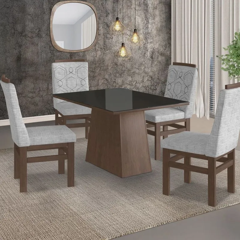 Conjunto Sala de Jantar Mesa 90x120cm Tampo Vidro com 4 Cadeiras Madeira Maciça Tecido Linho