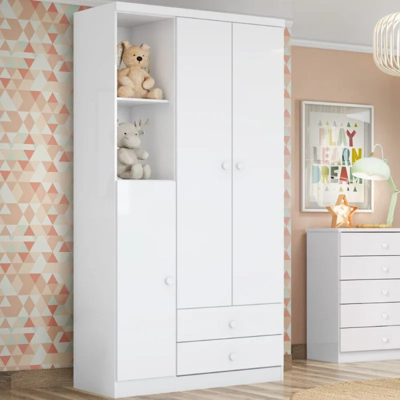 Guarda Roupa de Bebe 3 Portas 2 Gavetas 2 Nichos Pique-Esconde Branco/Rosa Chá Branco/Rosa Chá