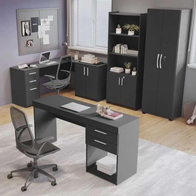 Kit 4 Peças com Mesa para Escritório em L 1, Escrivaninha, Armário Multiuso Aberto e Armário