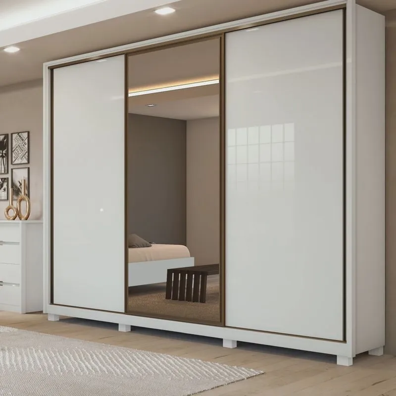 Guarda Roupa Casal com Espelho 3 Portas de Correr 6 Gavetas e Pés 270,5cm Spazio Glass Espresso