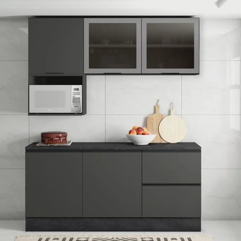 Cozinha Modulada Completa 5 Peças 5 Portas 3 Gavetas com Portas Vidro Fumê Etna