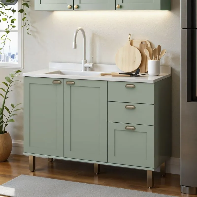 Balcão Para Cozinha 2 Portas 3 Gavetas Provençais Sem Tampo Iluminata Genialflex Verde Mint