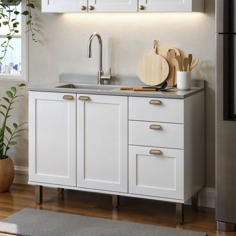 Balcão Para Cozinha 2 Portas 3 Gavetas Provençal Sem Tampo Iluminata Genialflex Branco Fosco