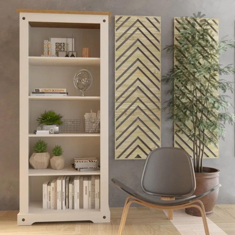 Estante Alta 4 Prateleiras e Madeira Maciça Creme Carvalho Smile 182x81x44cm Branco 100% MDF Creme/Carvalho