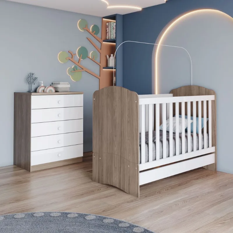 Quarto de Bebê Completo com Berço Mini Cama e Cômoda Faz de Conta Espresso Móveis Branco/Rústico Rústico/Branco