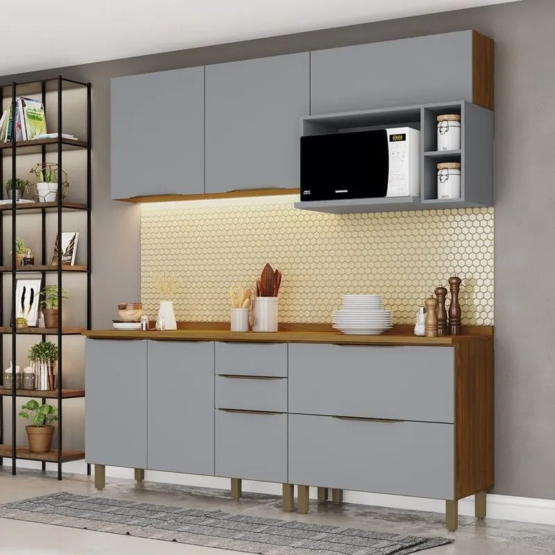 Cozinha Compacta 5 Peças 6 Portas 4 Gavetas Bea Espresso Móveis Nature/cinza