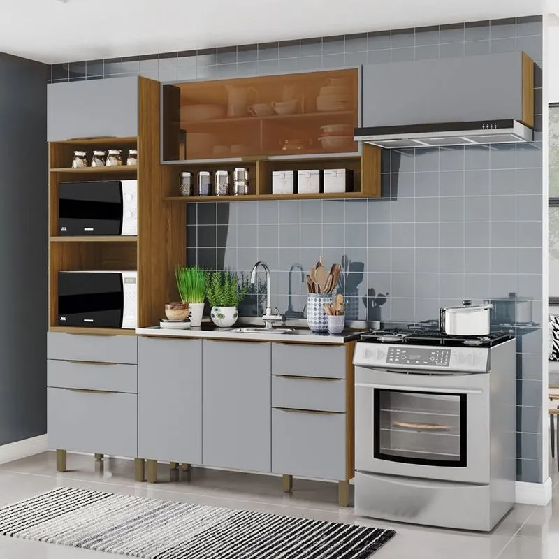 Cozinha Compacta 4 Peças 7 Portas 4 Gavetas Bea Espresso Móveis Nature/cinza