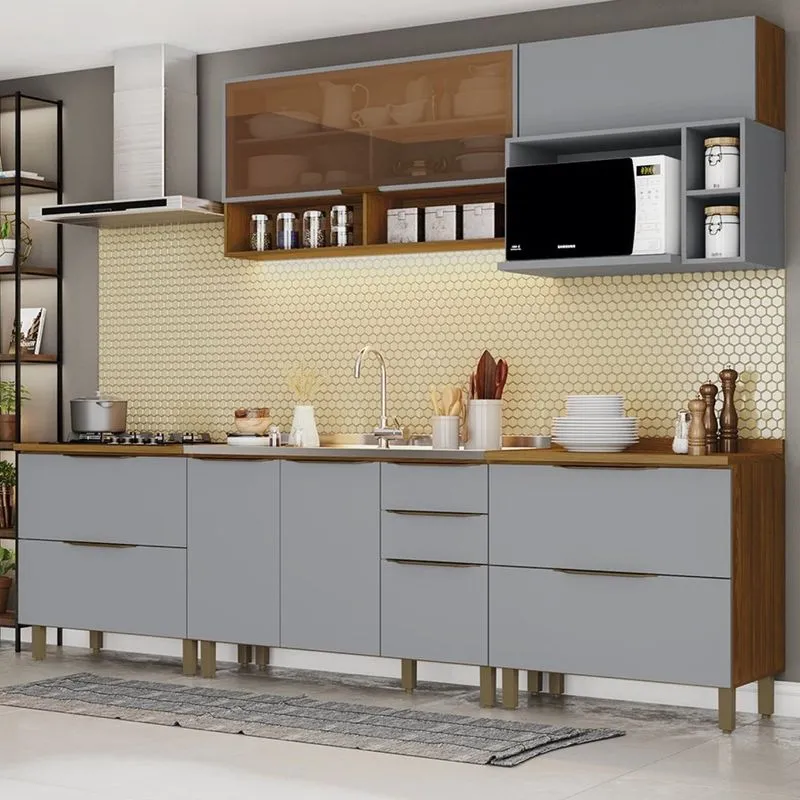 Cozinha Compacta 6 Peças 5 Portas 6 Gavetas Bea Espresso Móveis Nature/cinza