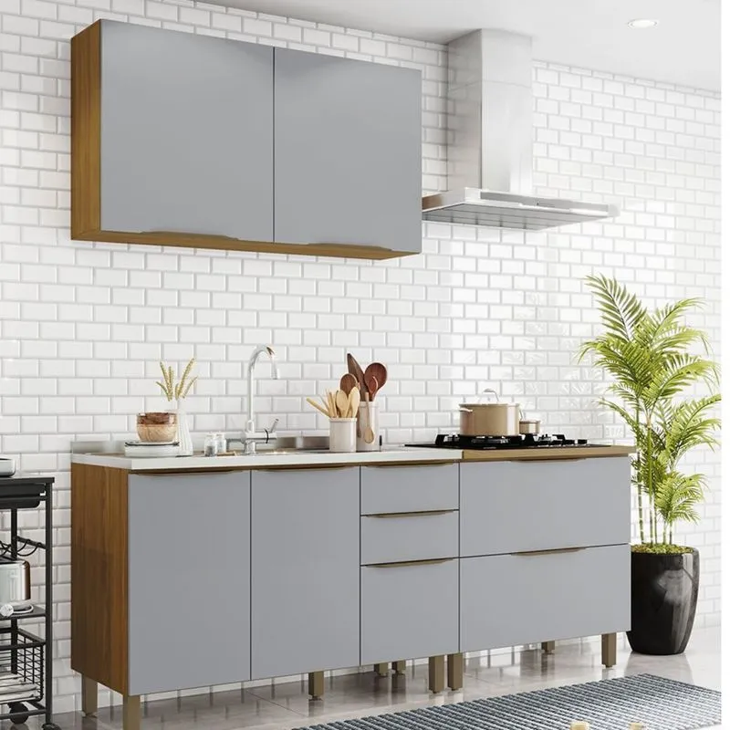 Cozinha Compacta 6 Peças 5 Portas 5 Gavetas Bea Espresso Móveis Nature/cinza