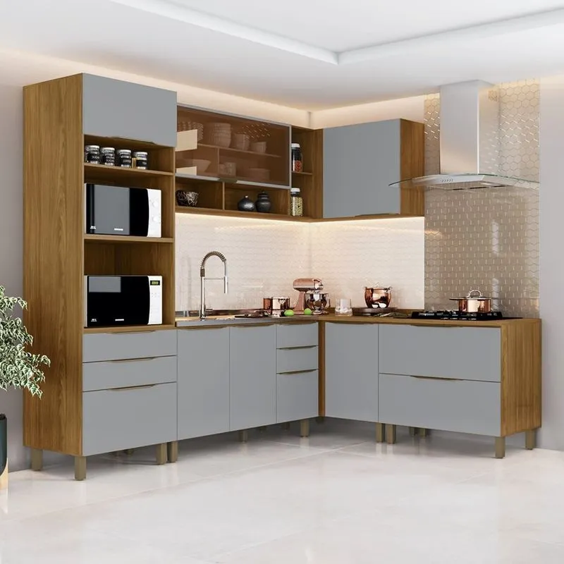 Cozinha Compacta 6 Peças 8 Portas 4 Gavetas Bea Espresso Móveis Nature/cinza