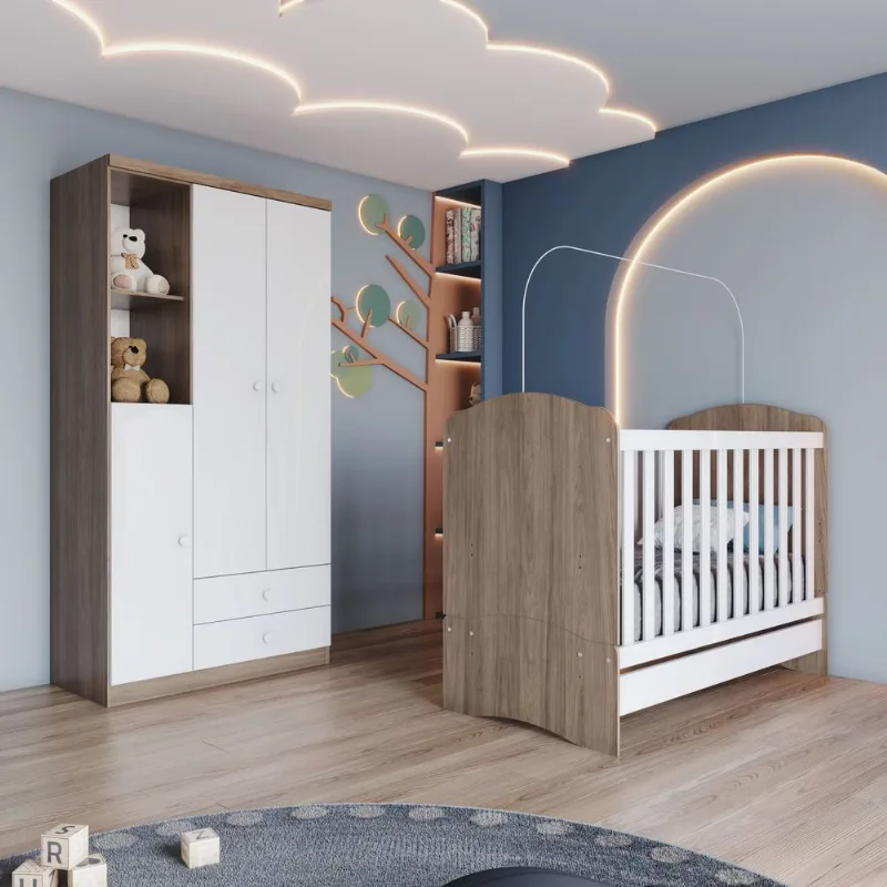 Quarto de Bebê Compacto com Berço e Guarda Roupa Lápis de Cor Espresso Móveis Marrom/Branco/Rústico Branco/Rústico