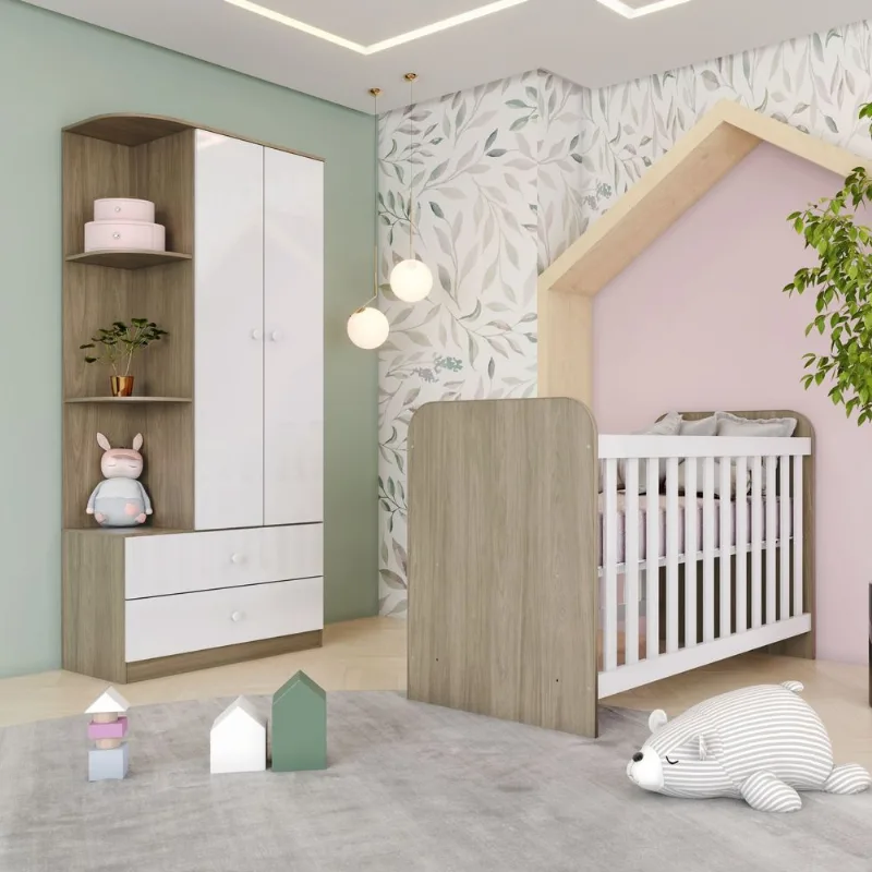 Quarto de Bebê Compacto com Berço e Guarda Roupa Sonho Encantado Espresso Móveis Marrom/Rústico/ Rústico/Branco