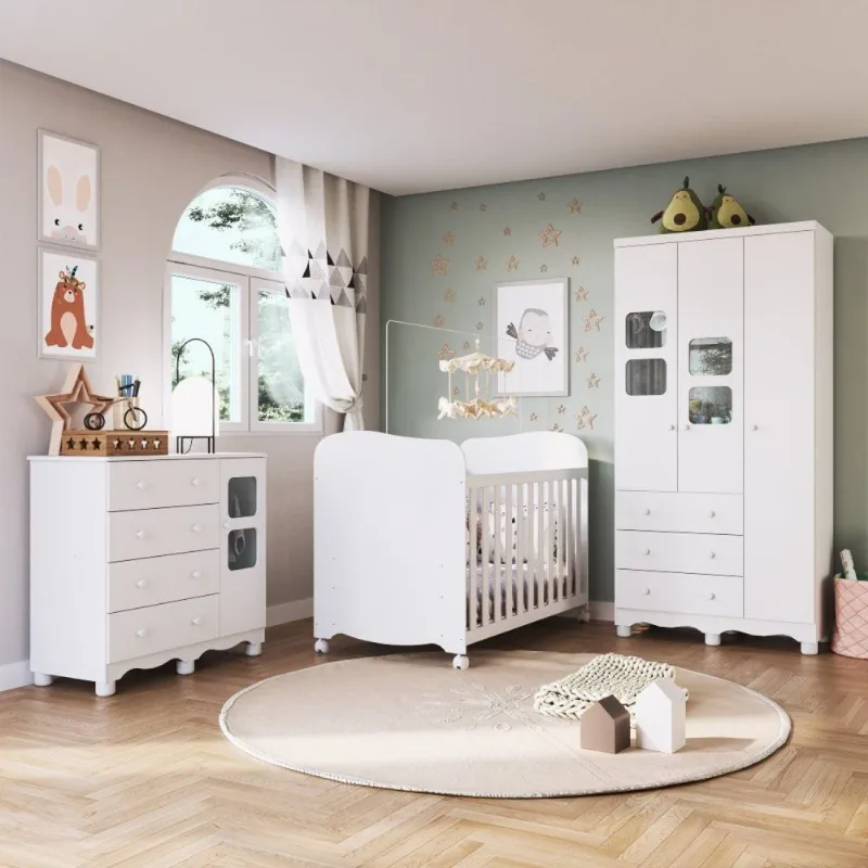 Quarto de Bebê Guarda-Roupa 3 Portas Janeladas Cômoda e Berço MDF Mimo Espresso Móveis Branco Brilho Branco Brilho