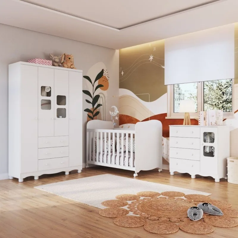 Quarto de Bebê Guarda-Roupa 4 Portas Janeladas Cômoda e Berço MDF Mimo Espresso Móveis Branco Brilho Branco Brilho