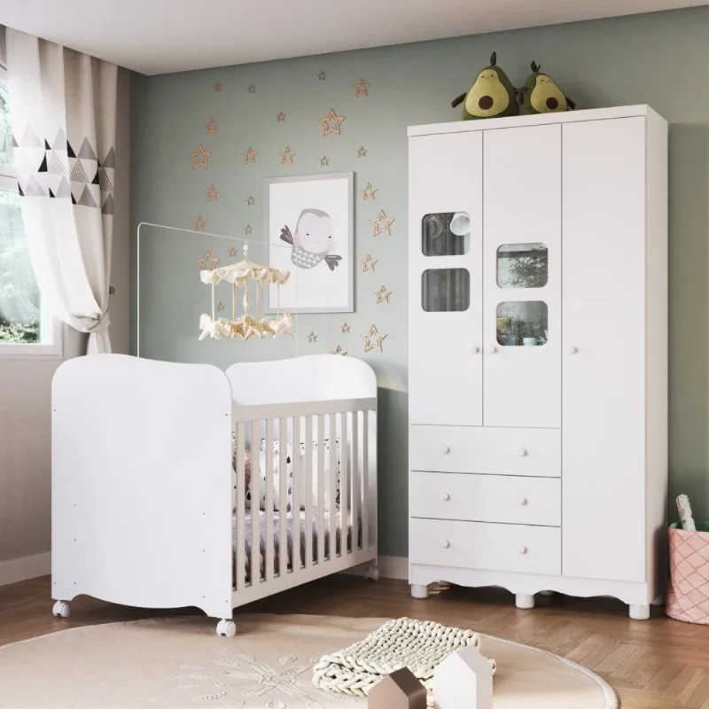 Quarto de Bebê Guarda-Roupa 3 Portas com Janelas e Berço 100% MDF Mimo Espresso Móveis Branco Brilho Branco Brilho