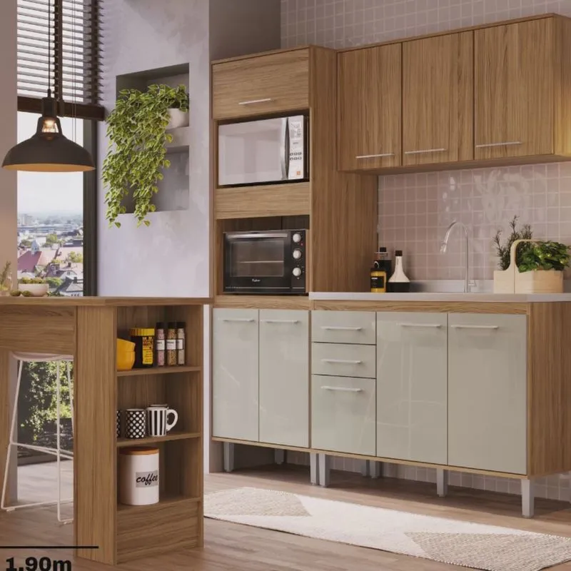 Cozinha Completa 8 Portas 3 Gavetas 2 Nichos para Forno com Balcâo Gourmet Gaia Decibal