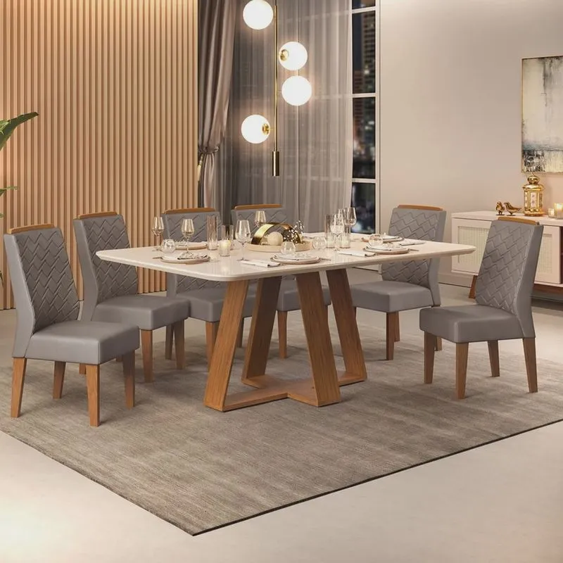 Conjunto Sala de Jantar Mesa Kiara 160x90cm Tampo Vidro/MDF com 6 Cadeiras Lidia dj Móveis