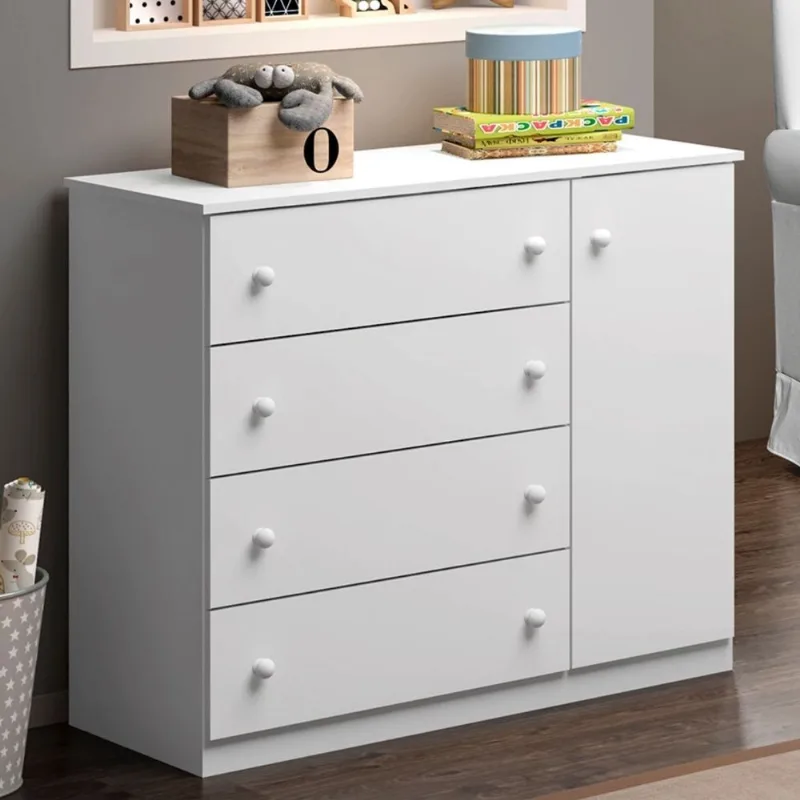 Cômoda Infantil 100% MDF 4 Gavetas e 1 Porta com Cabideiro Elisa Branca Branco