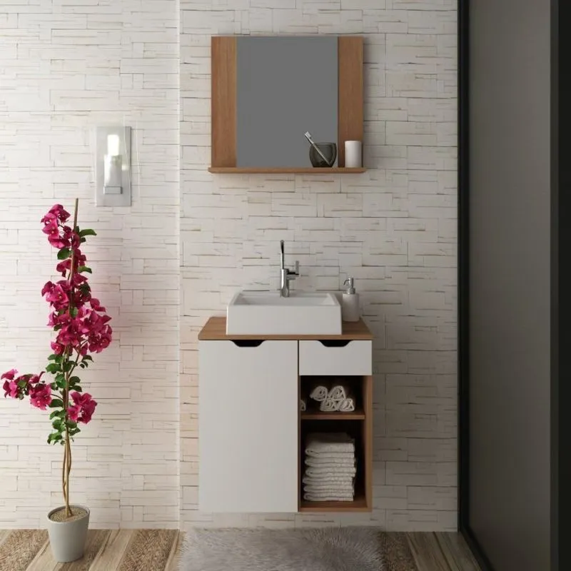Gabinete Para Banheiro Com Espelheira E Prateleira Bn3610 Branco Amendoa/branco