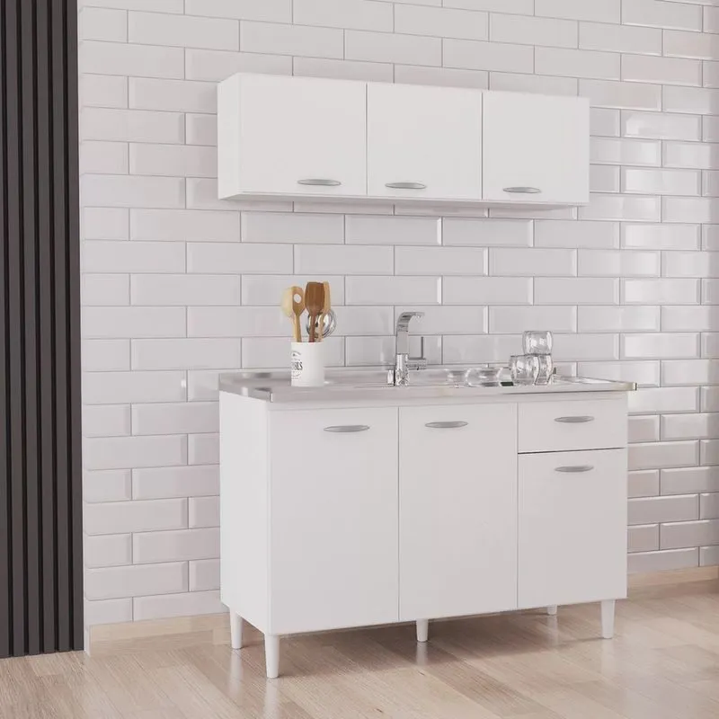 Cozinha Compacta 2 Peças Balcão para Pia 3 Portas 1 Gaveta com Armário Aéreo 3 Portas Poquema