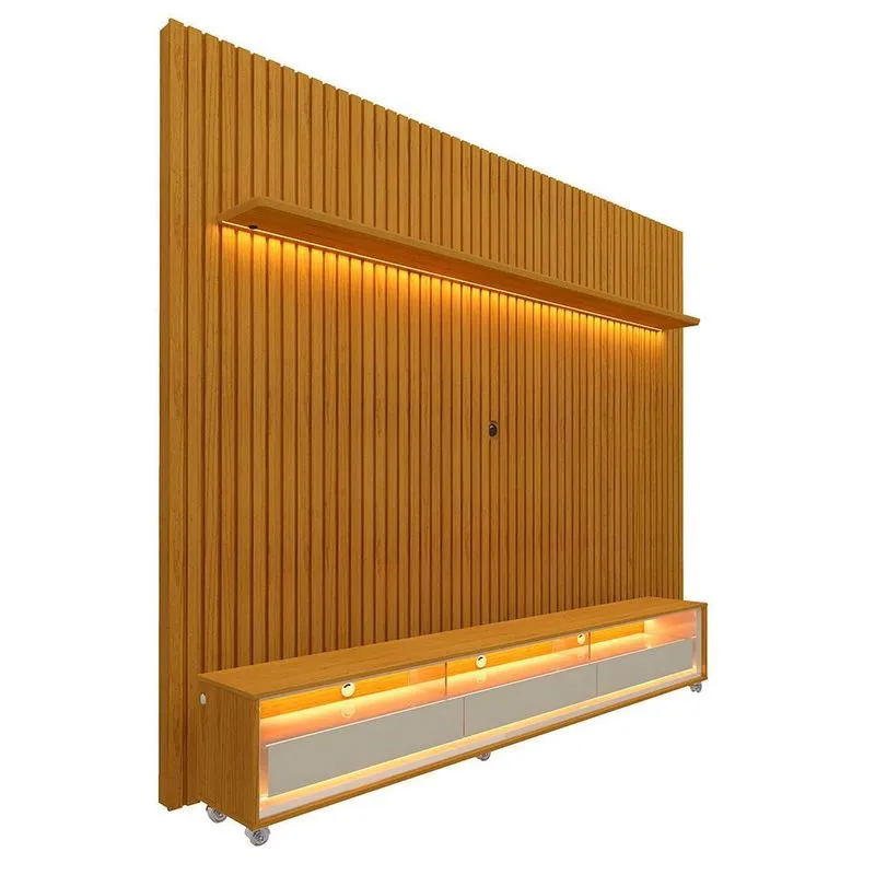 Rack com Painel Ripado para TV até 85 Polegadas LED 3 Gavetas com Rodízios 230cm Gelius Naturale Naturale