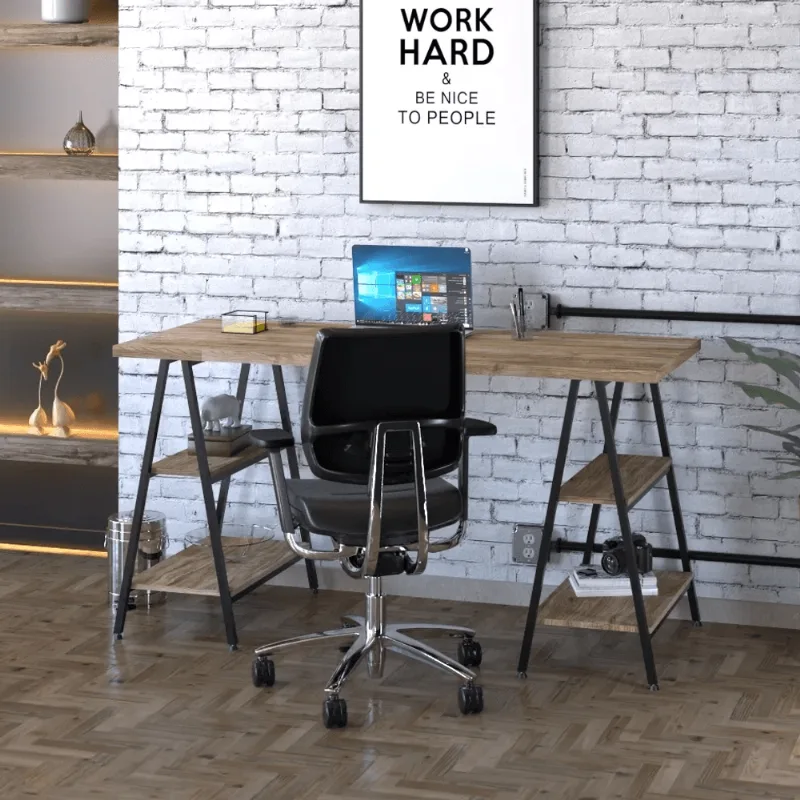 Escrivaninha Mesa Escritório Cavalete Estilo Kuadra 4 Prateleiras 150cm Industrial Carvalho e Preto Marrom Carvalho/Preto